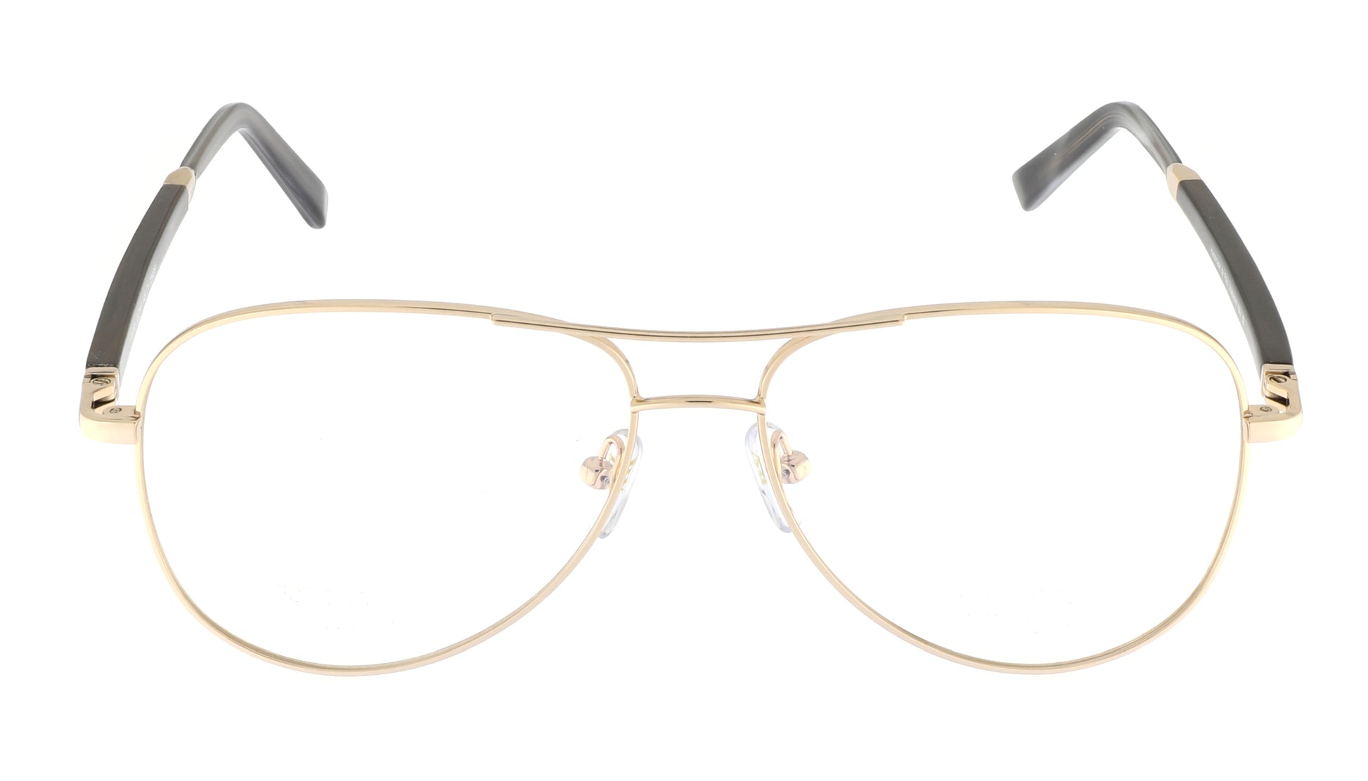 Paul Vosheront eyeglasses featuring 23K gold-plated aviator-style design with black temples, viewed from the front.