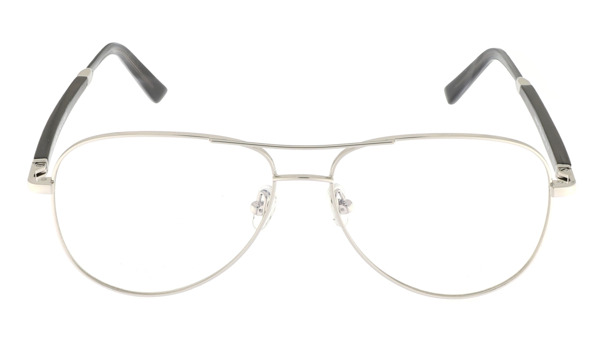 Paul Vosheront eyeglasses featuring 23K white-gold-plated aviator-style design with black temples, viewed from the front.