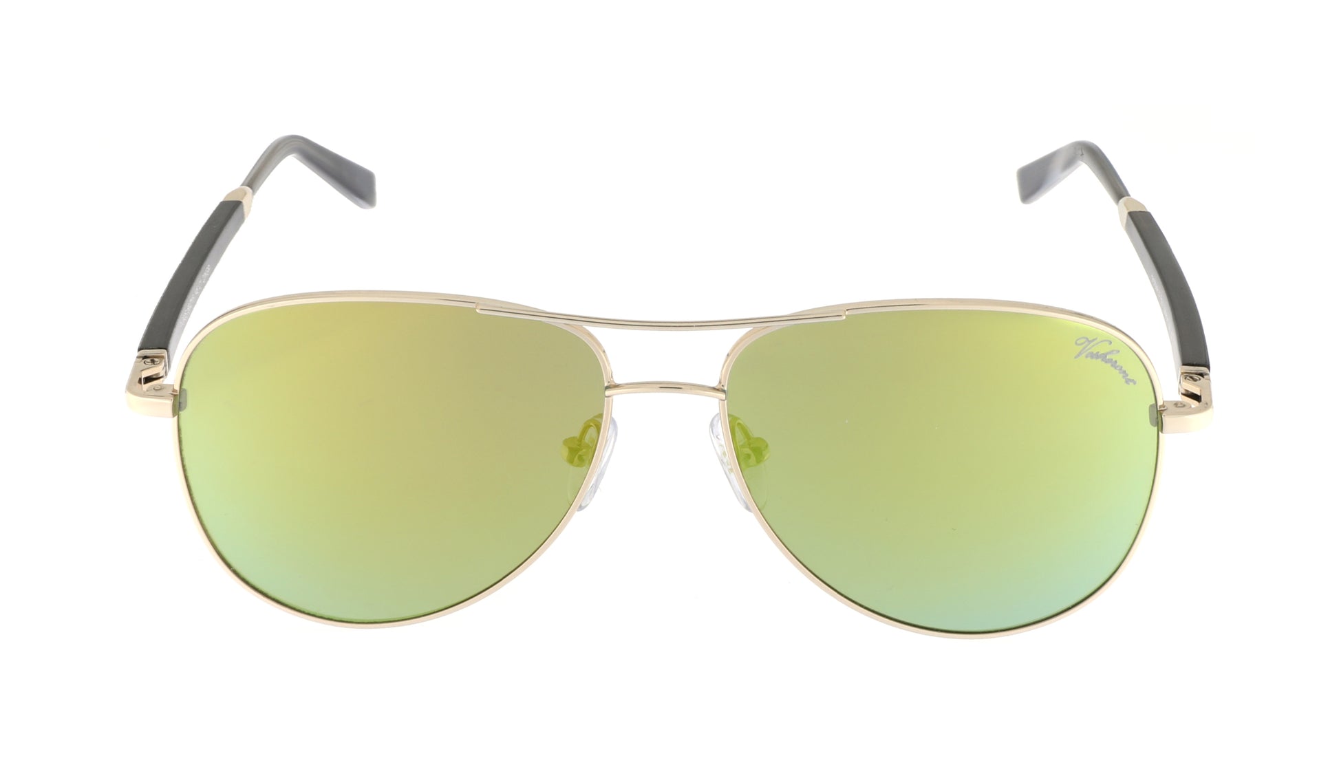 Paul Vosheront sunglasses featuring 23K gold-plated aviator-style design with black temples and green mirror lenses, viewed from the front.