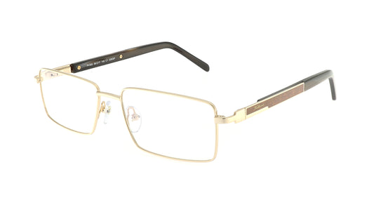 Paul Vosheront eyeglasses featuring 23K gold-plated rectangle design with golden temples and a wood-grain finish, at a right angle to the camera.