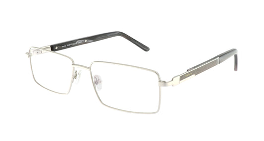 Paul Vosheront eyeglasses featuring 23K white-gold-plated rectangle design with white gold temples and a black wood-grain finish, at a right angle to the camera.