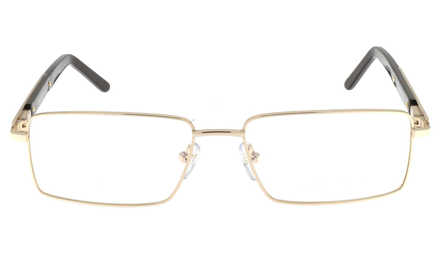 Paul Vosheront eyeglasses featuring 23K gold-plated rectangle design with golden temples and a wood-grain finish, viewed from the front.