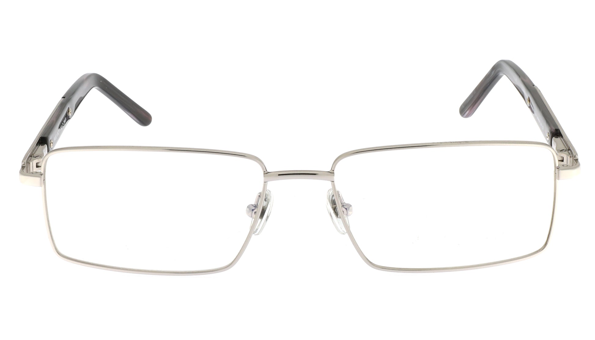 Paul Vosheront eyeglasses featuring 23K white-gold-plated rectangle design with white gold temples and a black wood-grain finish, at a right angle to the camera.