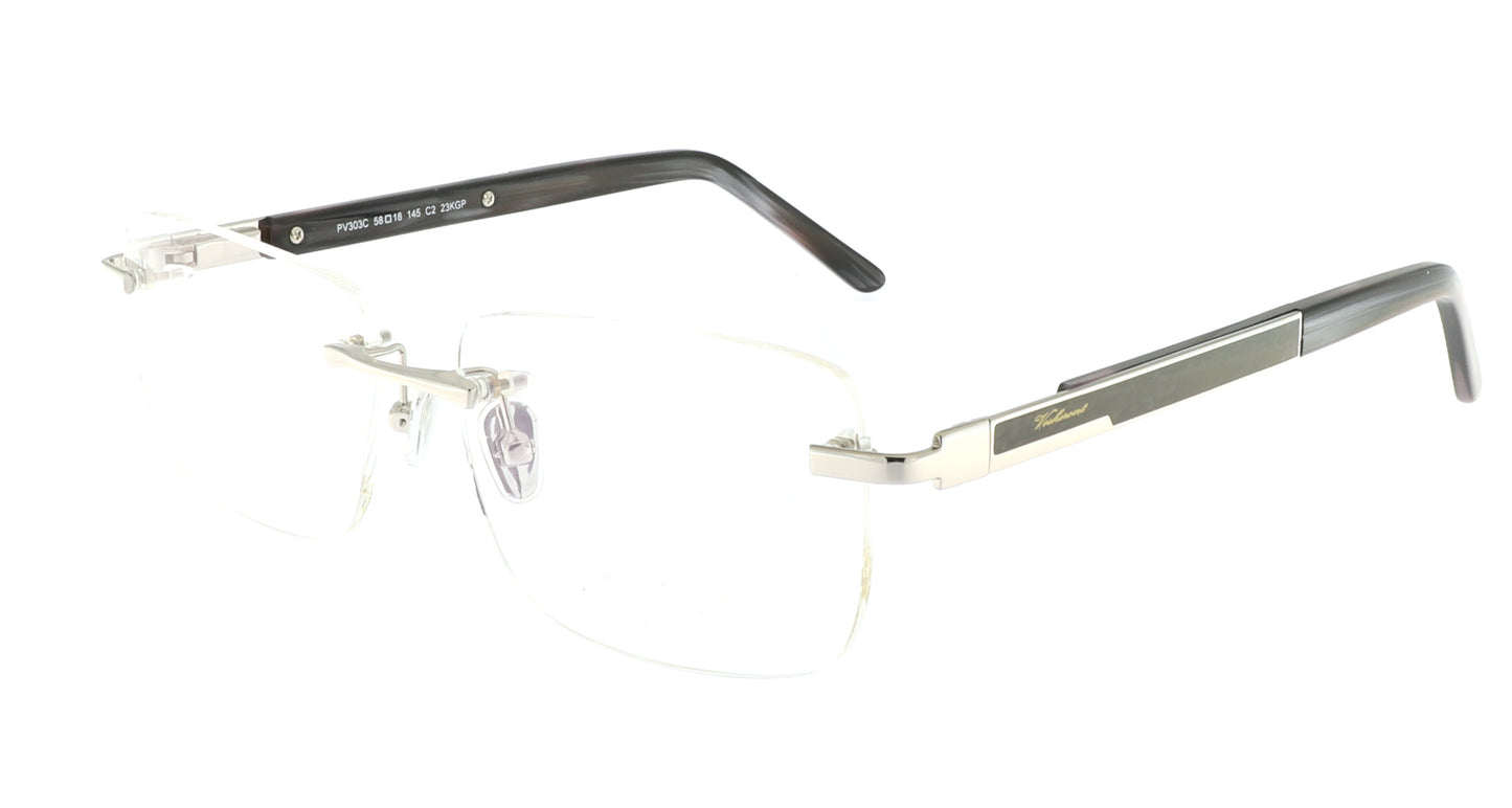 Paul Vosheront eyeglasses featuring 23K white-gold-plated rimless design with white gold temples and a black wood-grain finish, at a right angle to the camera.