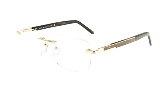 Paul Vosheront eyeglasses featuring 23K gold-plated rimless design with golden temples and a wood-grain finish, at a right angle to the camera.