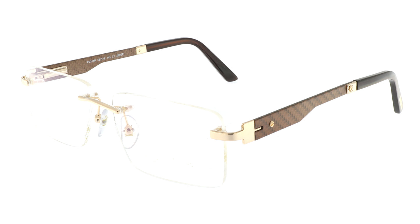 Paul Vosheront eyeglasses featuring 23K gold-plated rimless design with brown temples and a carbon fiber finish, at a right angle to the camera.