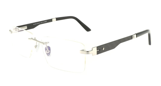 Paul Vosheront eyeglasses featuring 23K white-gold-plated rimless design with black temples and a carbon fiber finish, at a right angle to the camera.