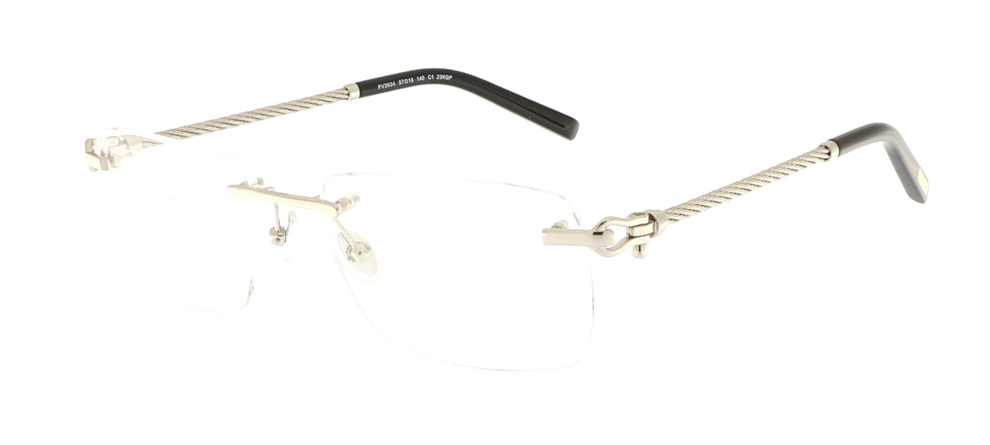 Paul Vosheront eyeglasses featuring 23K white-gold-plated rimless design with braided white gold temples, at a right angle to the camera.