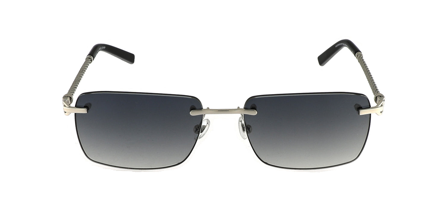 Paul Vosheront sunglasses featuring 23K white-gold-plated rimless design with braided white gold temples and dark gray lenses, viewed from the front.