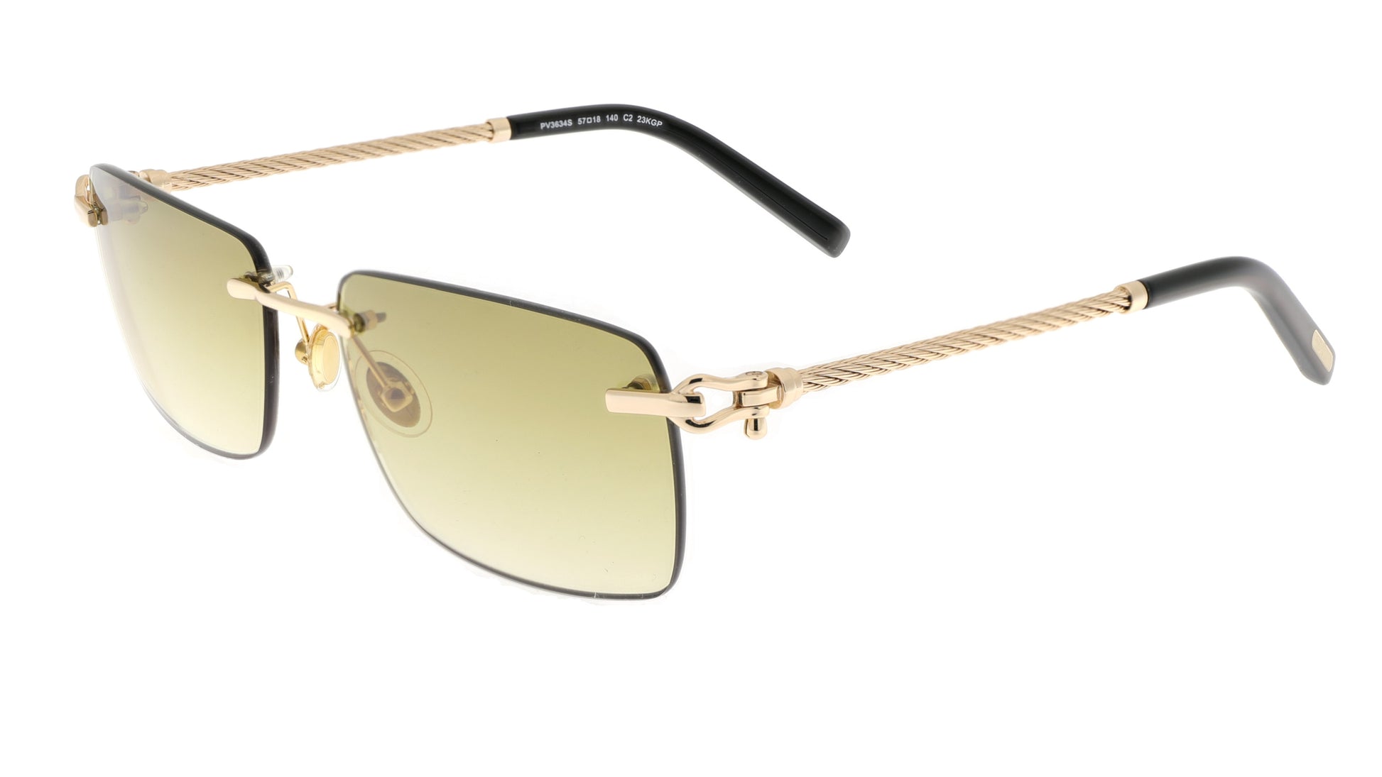 Paul Vosheront sunglasses with 23K gold-plated rimless design with braided golden temples, black temple ends, and brown gradient lenses, from a right angle.