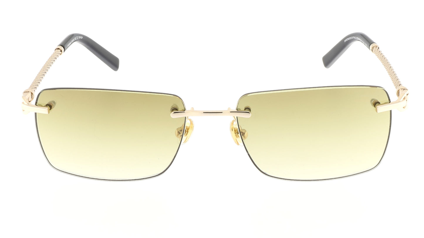 Paul Vosheront sunglasses with 23K gold-plated rimless design with braided golden temples, black temple ends, and brown gradient lenses, from the front.