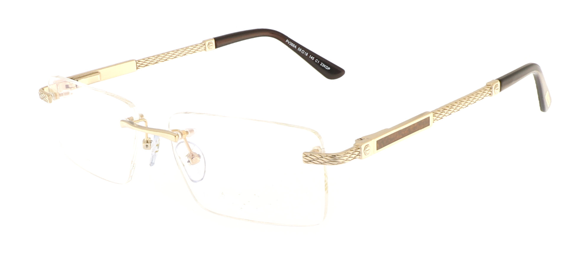 Paul Vosheront eyeglasses featuring 23K gold-plated rimless design with carved golden temples and a wood-grain finish, at a right angle to the camera.