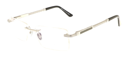 Paul Vosheront eyeglasses featuring 23K white-gold-plated rimless design with carved white gold temples and a black wood-grain finish, at a right angle to the camera.