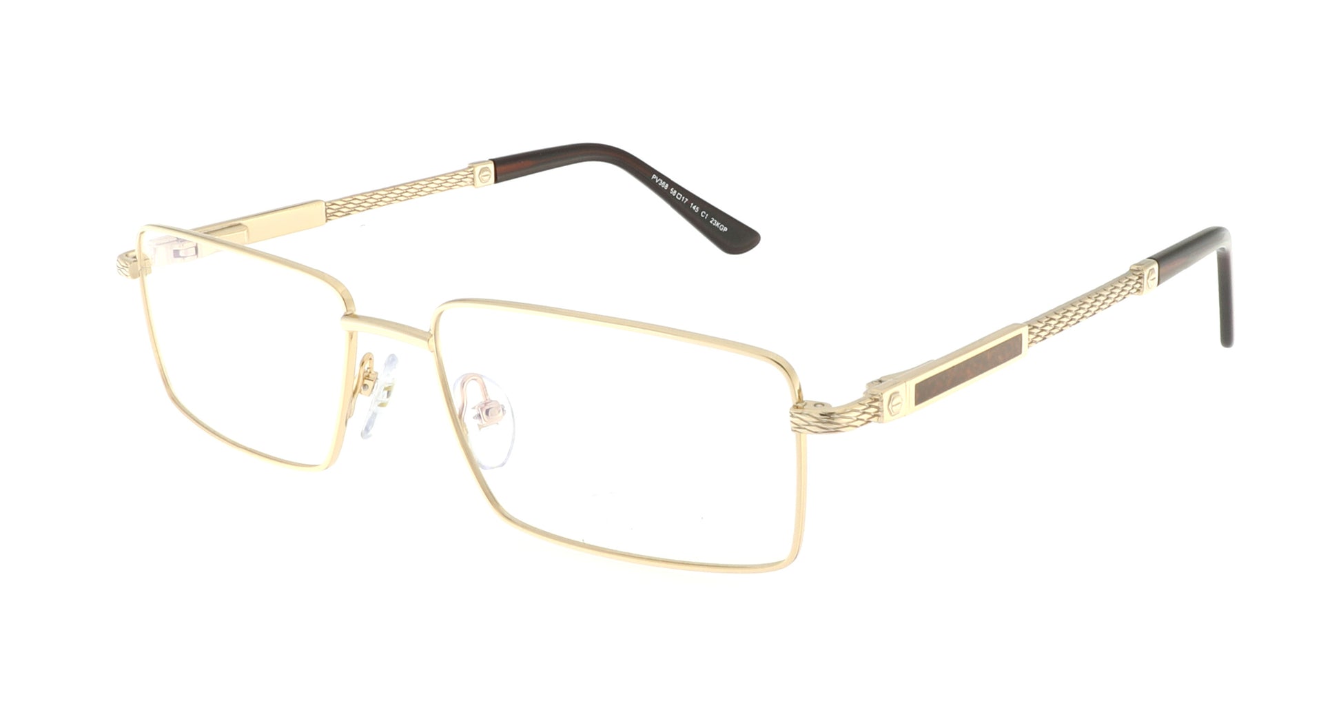 Paul Vosheront eyeglasses featuring 23K gold-plated rectangle design with carved golden temples and a wood-grain finish, at a right angle to the camera.