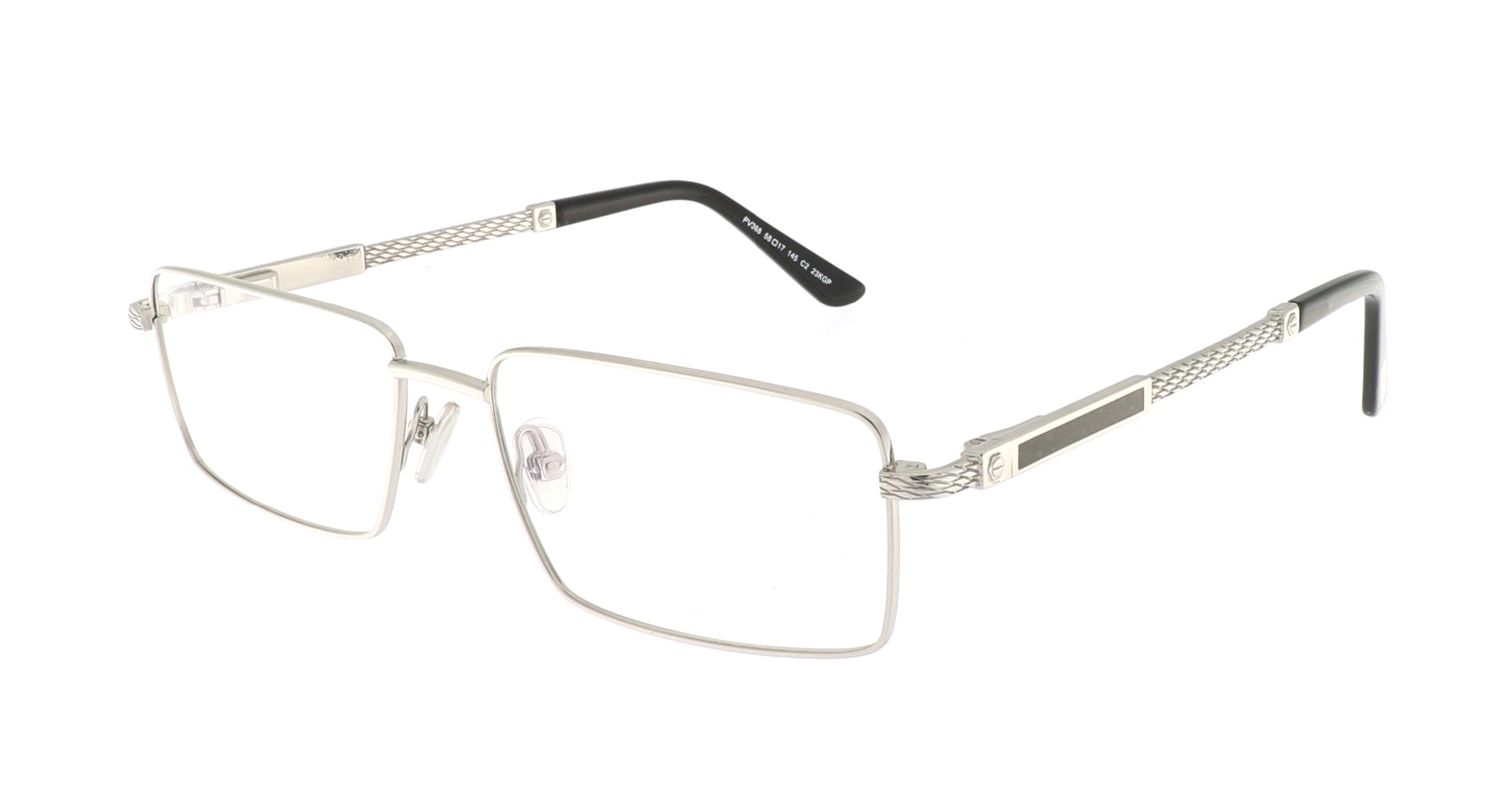 Paul Vosheront eyeglasses featuring 23K white-gold-plated rectangle design with carved white gold temples and a black wood-grain finish, at a right angle to the camera.