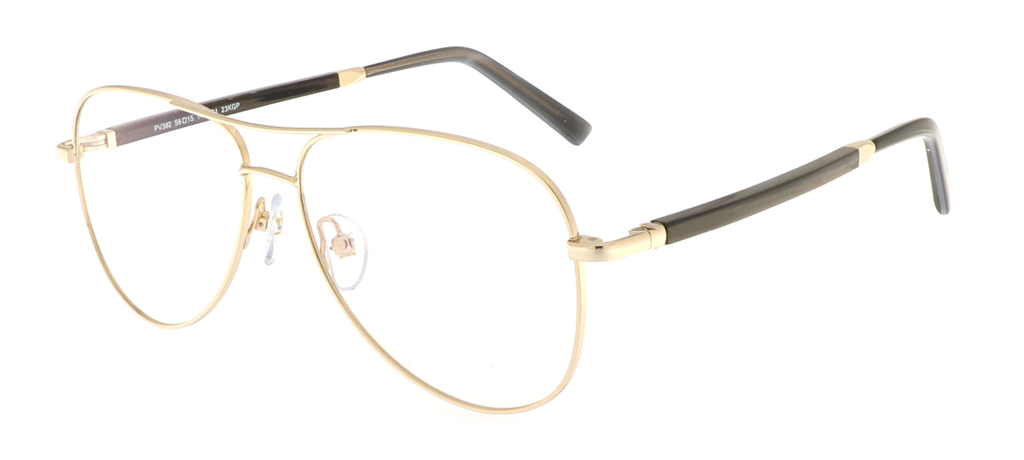 Paul Vosheront eyeglasses featuring 23K gold-plated aviator-style design with black temples, at a right angle to the camera.