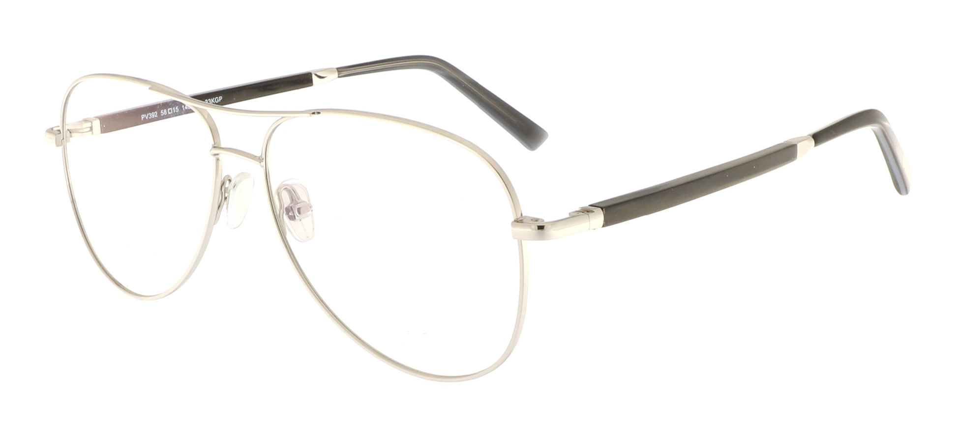 Paul Vosheront eyeglasses featuring 23K white-gold-plated aviator-style design with black temples, at a right angle to the camera.