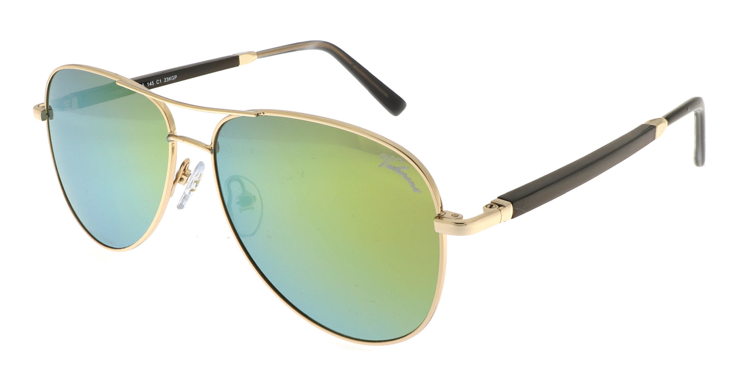 Paul Vosheront sunglasses featuring 23K gold-plated aviator-style design with black temples and green mirror lenses, at a right angle to the camera.