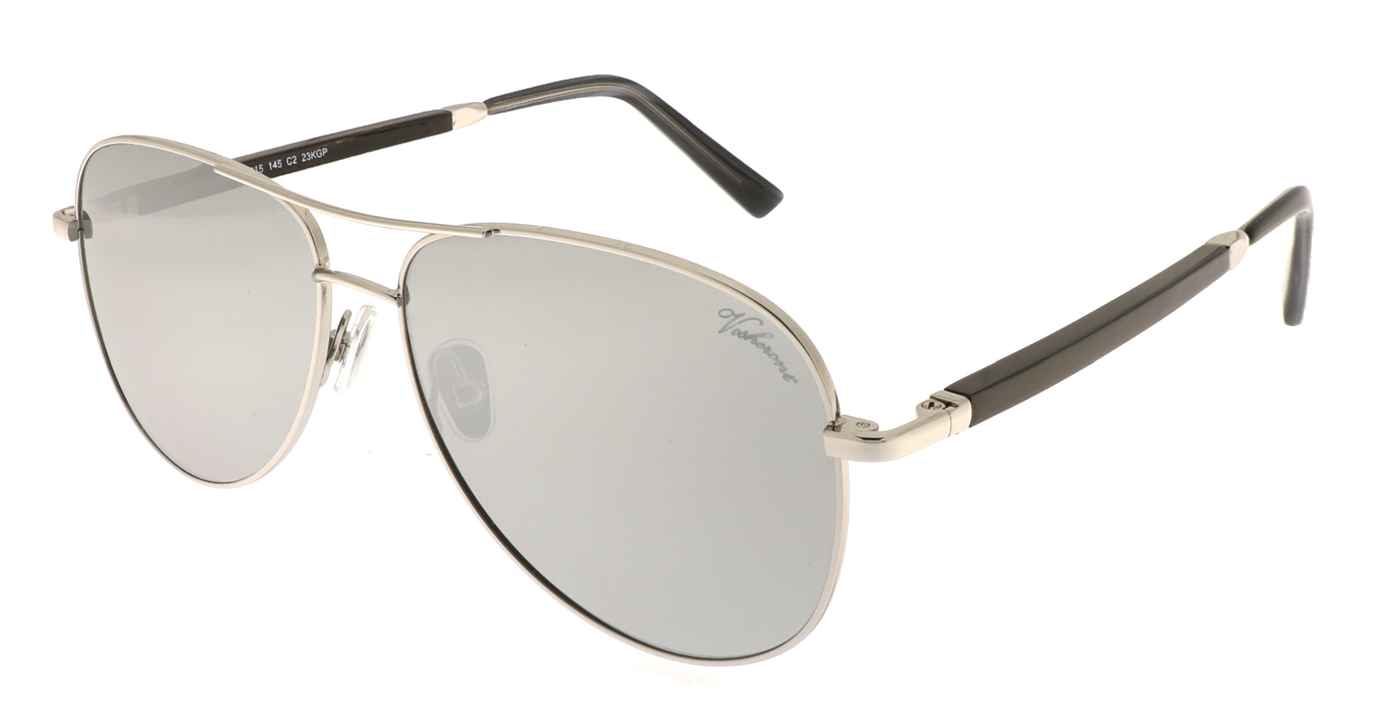 Paul Vosheront sunglasses featuring 23K white-gold-plated aviator-style design with black temples and gray lenses, at a right angle to the camera.