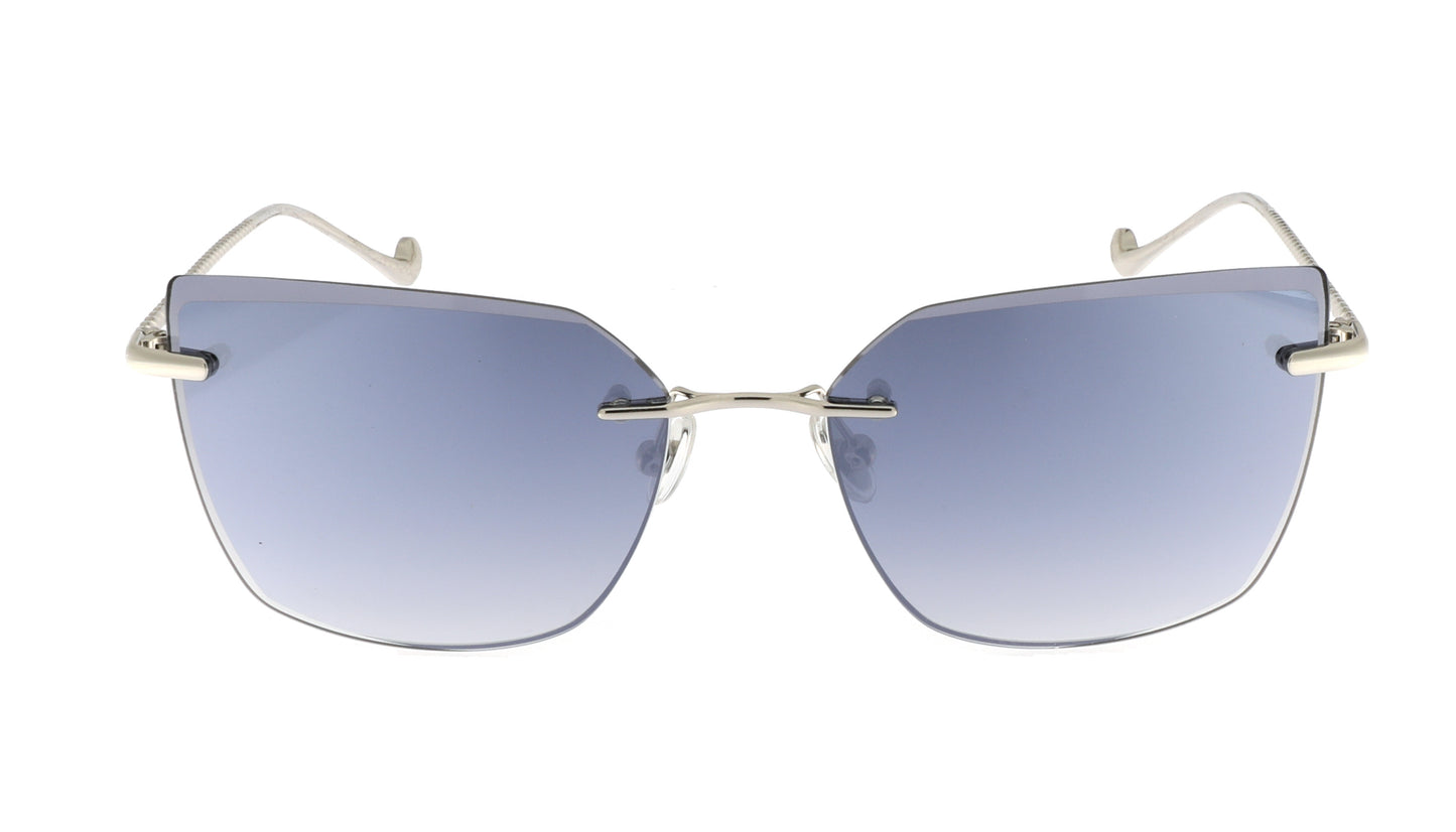 Paul Vosheront eyeglasses featuring 23K white-gold-plated  faceted rimless design, delicately beaded temples, and curved temple tips, with gray lenses at an 80/15 gradient, at a right angle to the camera.