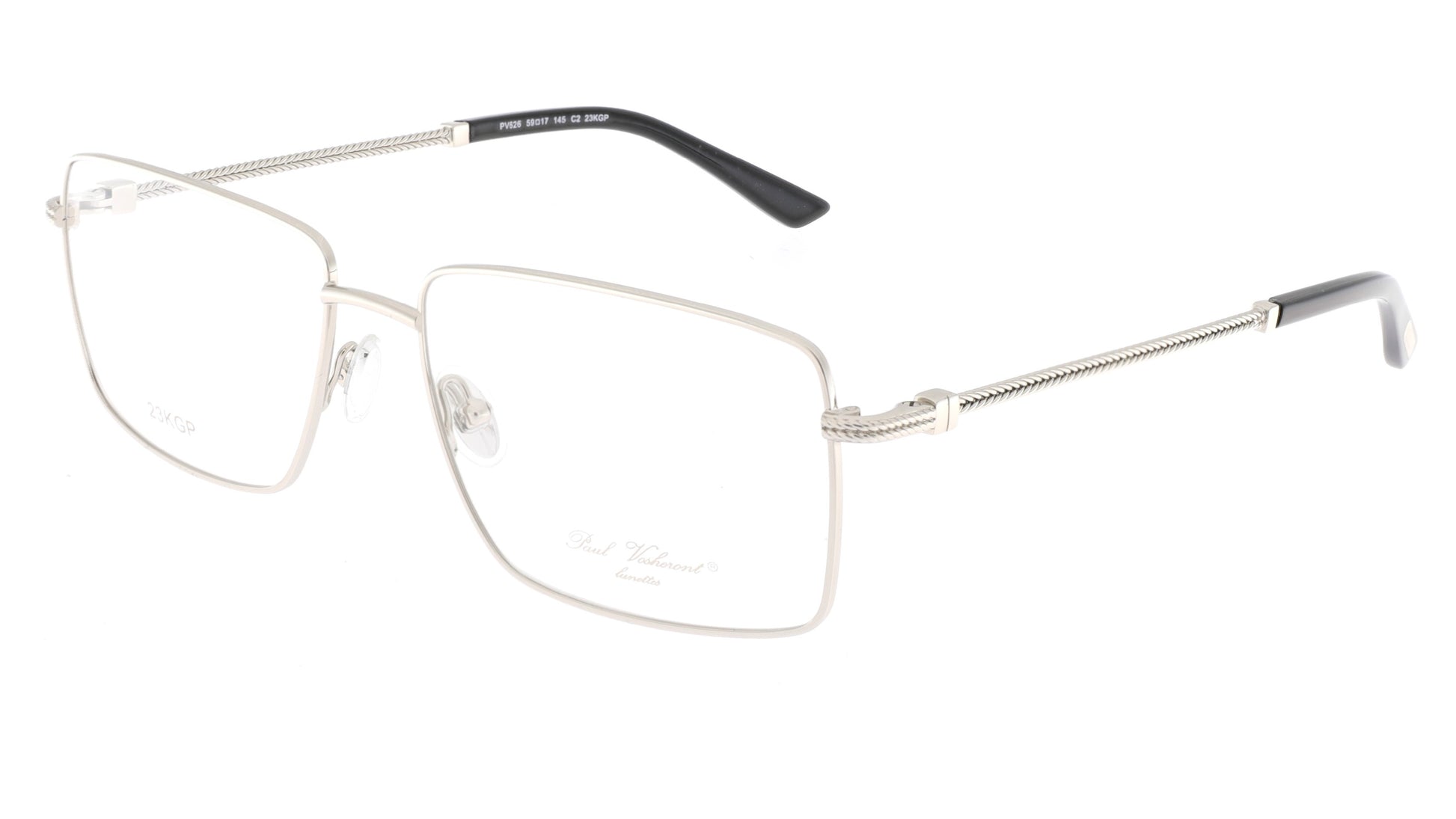 Paul Vosheront eyeglasses featuring a 23K white-gold-plated rectangle design with braided temples.