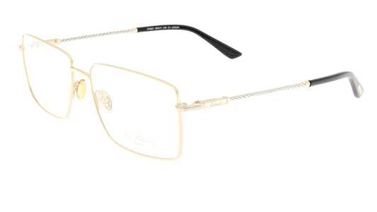 Paul Vosheront eyeglasses featuring a large 23K gold-plated rectangle design with golden logo temples and a braided length of white gold set around the logo in both directions.