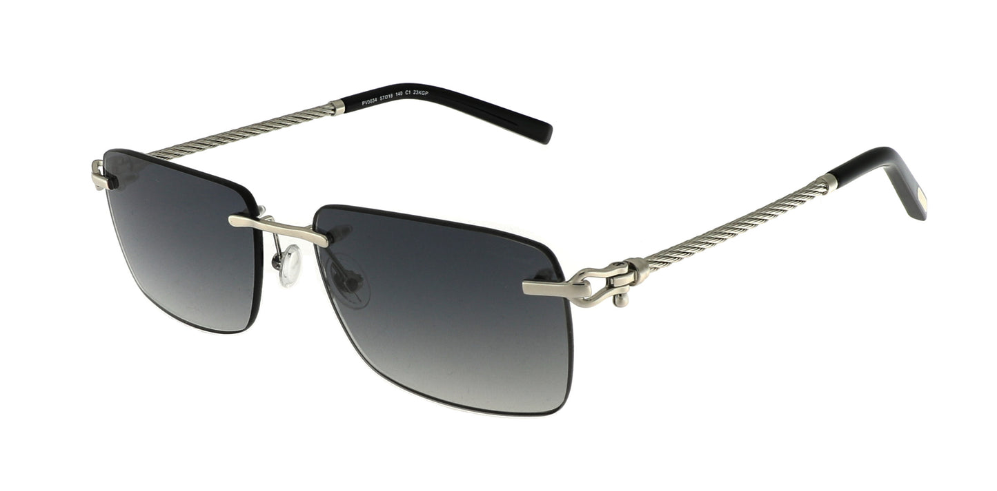 Paul Vosheront sunglasses featuring 23K white-gold-plated rimless design with braided white gold temples and dark gray lenses, at a right angle to the camera.