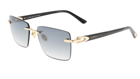 Paul Vosheront sunglasses featuring a 23K gold-plated rimless design with golden hinges, semi-transparent black temples, and gray gradient lenses, from a right angle.