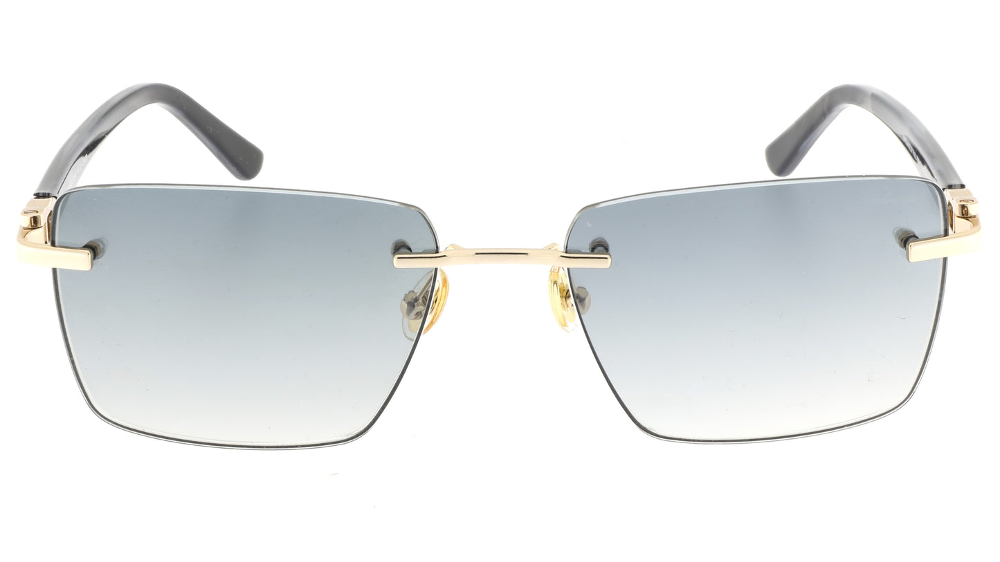 Paul Vosheront sunglasses featuring a 23K gold-plated rimless design with golden hinges, semi-transparent black temples, and gray gradient lenses, from the front.