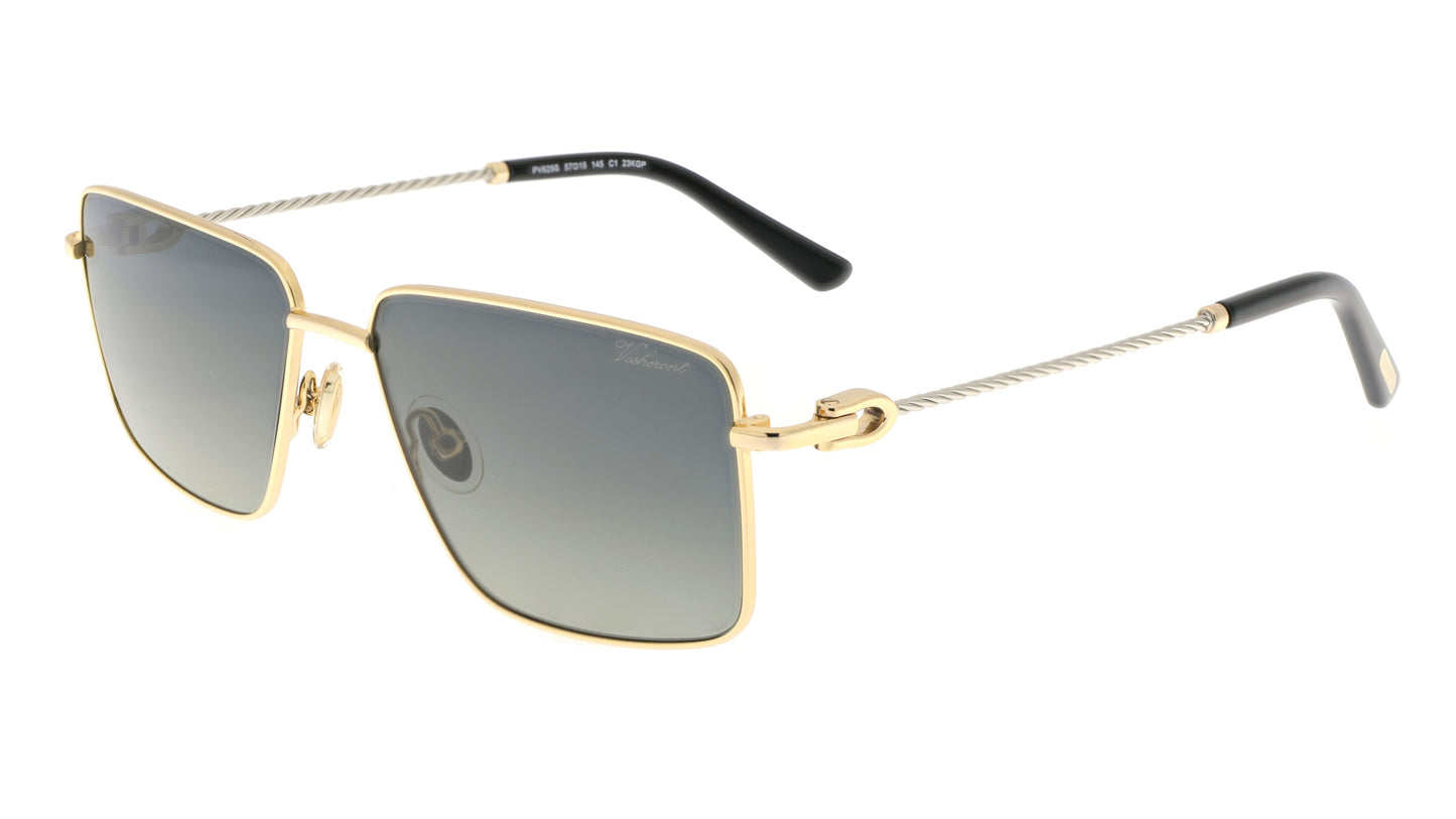 Paul Vosheront sunglasses featuring a 23K gold-plated rectangle design with golden hinges, white gold braided temples, black temple ends, and gray gradient lenses, from a right angle.