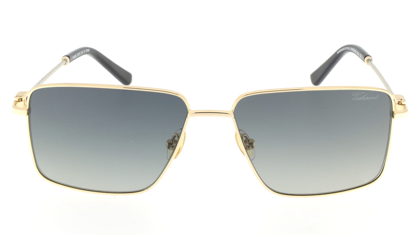 Paul Vosheront sunglasses featuring a 23K gold-plated rectangle design with golden hinges, white gold braided temples, black temple ends, and gray gradient lenses, from the front.