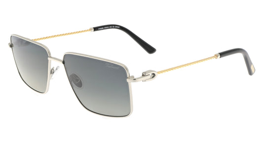 Paul Vosheront sunglasses featuring a 23K white-gold-plated rectangle design with white gold hinges, golden braided temples, black temple ends, and gray gradient lenses, from a right angle.