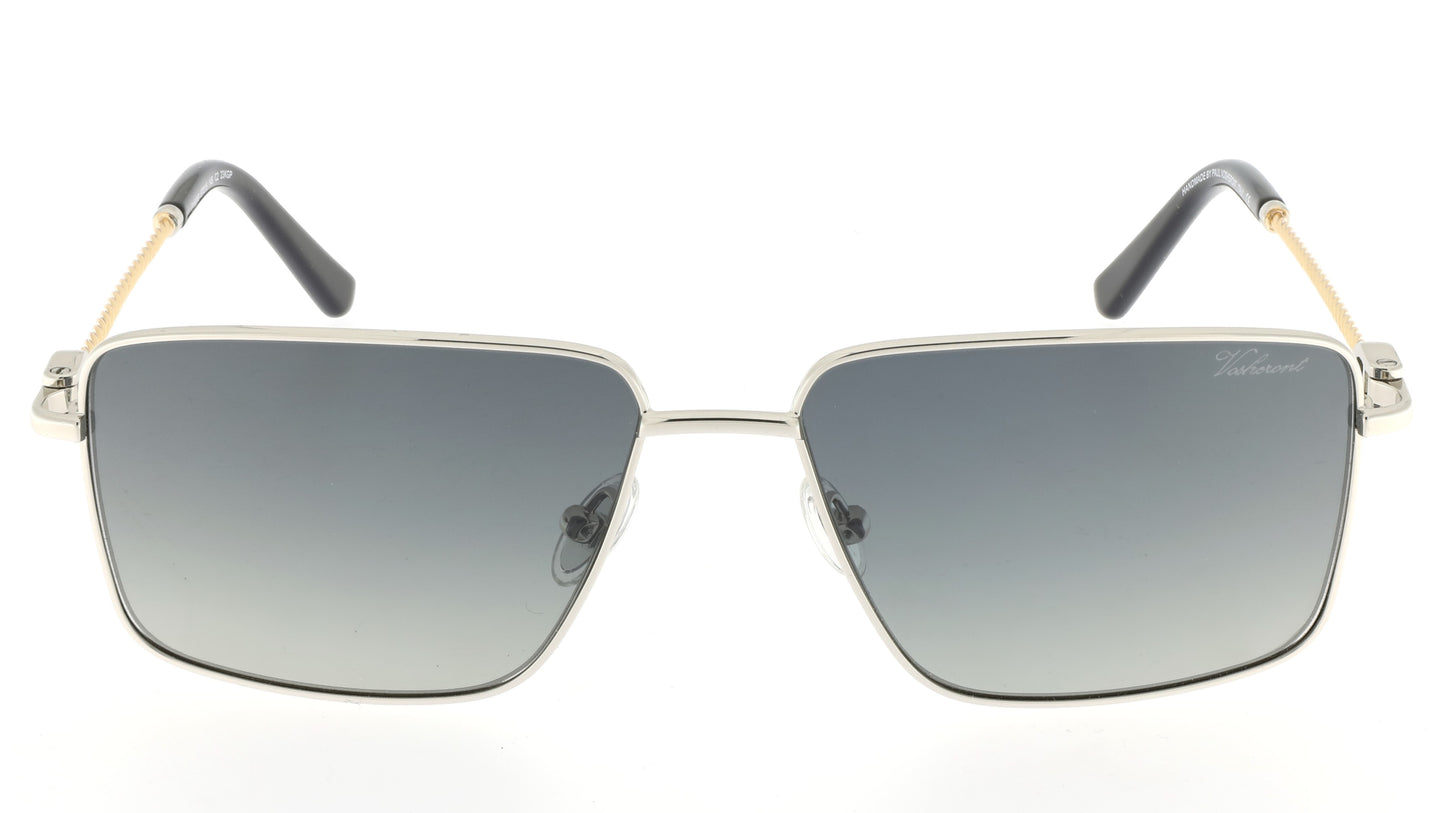 Paul Vosheront sunglasses featuring a 23K white-gold-plated rectangle design with white gold hinges, golden braided temples, black temple ends, and gray gradient lenses, from the front.