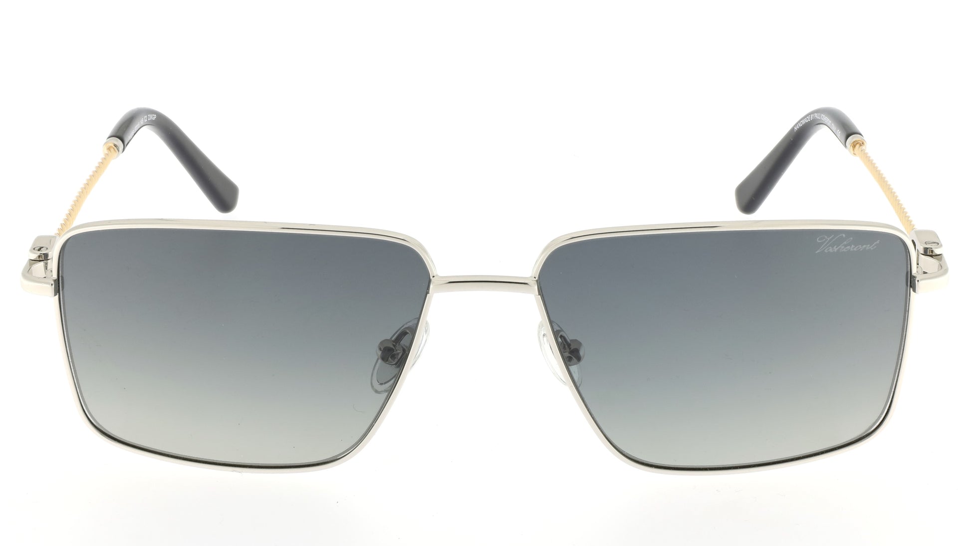 Paul Vosheront sunglasses featuring a 23K white-gold-plated rectangle design with white gold hinges, golden braided temples, black temple ends, and gray gradient lenses, from the front.