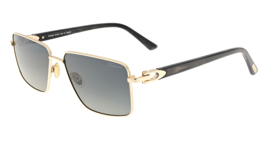 Paul Vosheront sunglasses featuring a 23K gold-plated rectangle design with golden hinges, semi-transparent black temples, and gray gradient lenses, from a right angle.