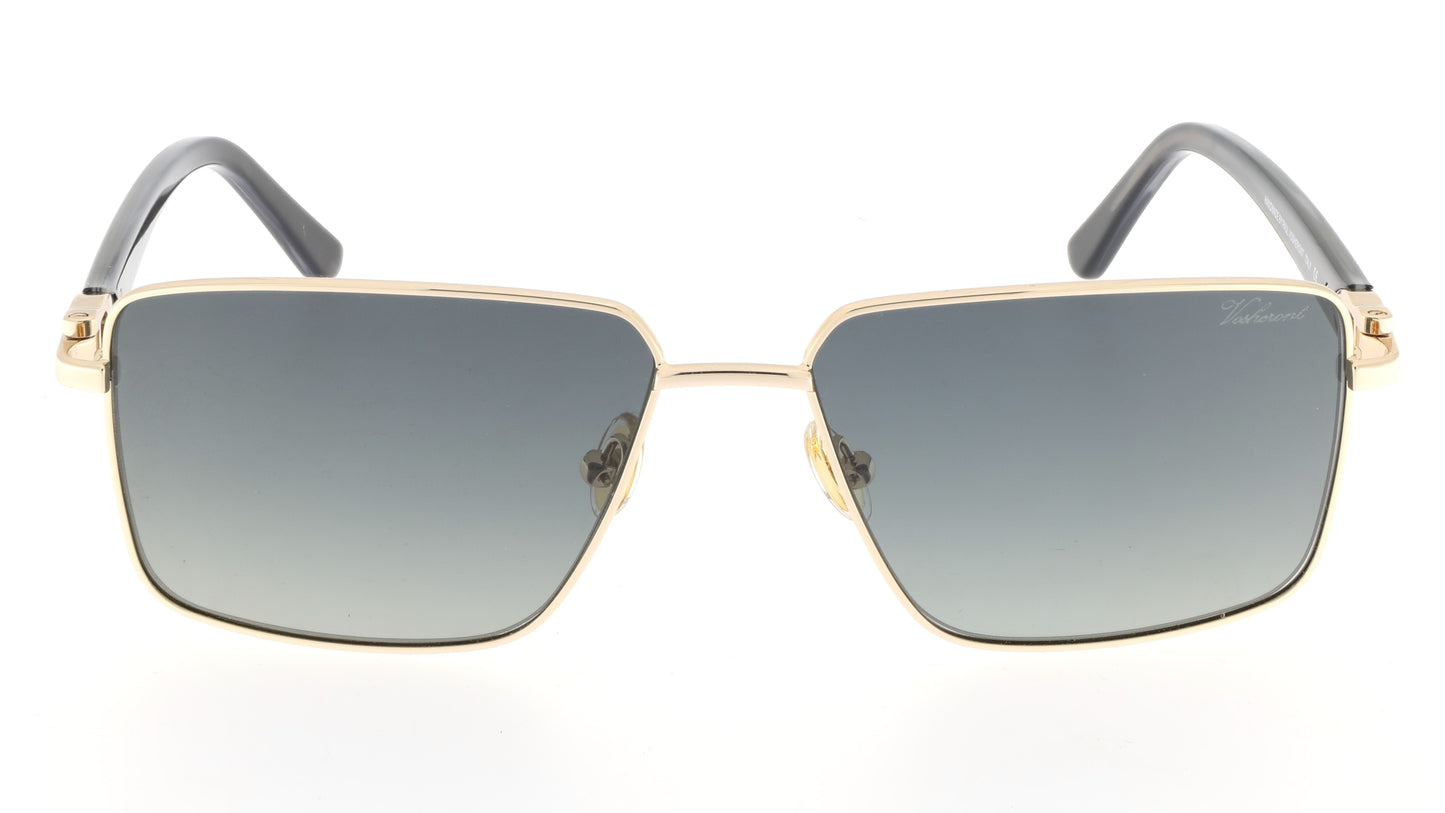 Paul Vosheront sunglasses featuring a 23K gold-plated rectangle design with golden hinges, semi-transparent black temples, and gray gradient lenses, from the front.