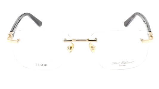 Paul Vosheront eyeglasses featuring 23K gold-plated rimless design with gray-wood style temples, viewed from the front.