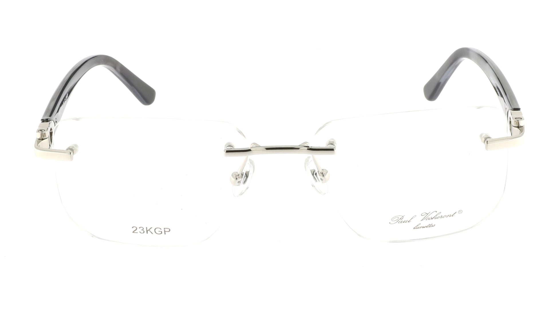 Paul Vosheront eyeglasses featuring 23K white-gold-plated rimless design with gray-wood style temples, viewed from the front.