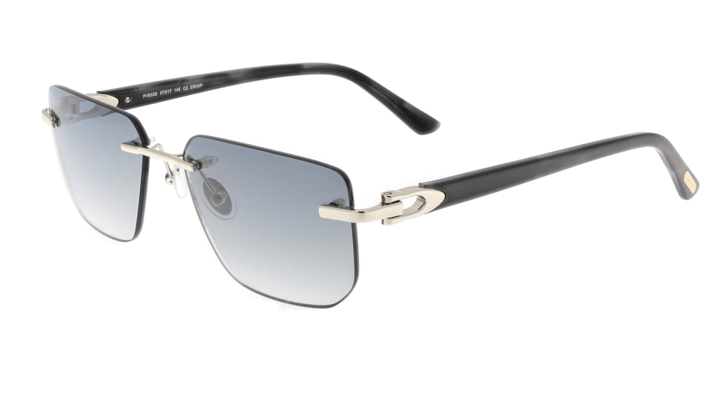 Paul Vosheront sunglasses featuring a 23K white-gold-plated rimless design with white gold hinges, wood-style black temples, and gray gradient lenses, from a right angle.