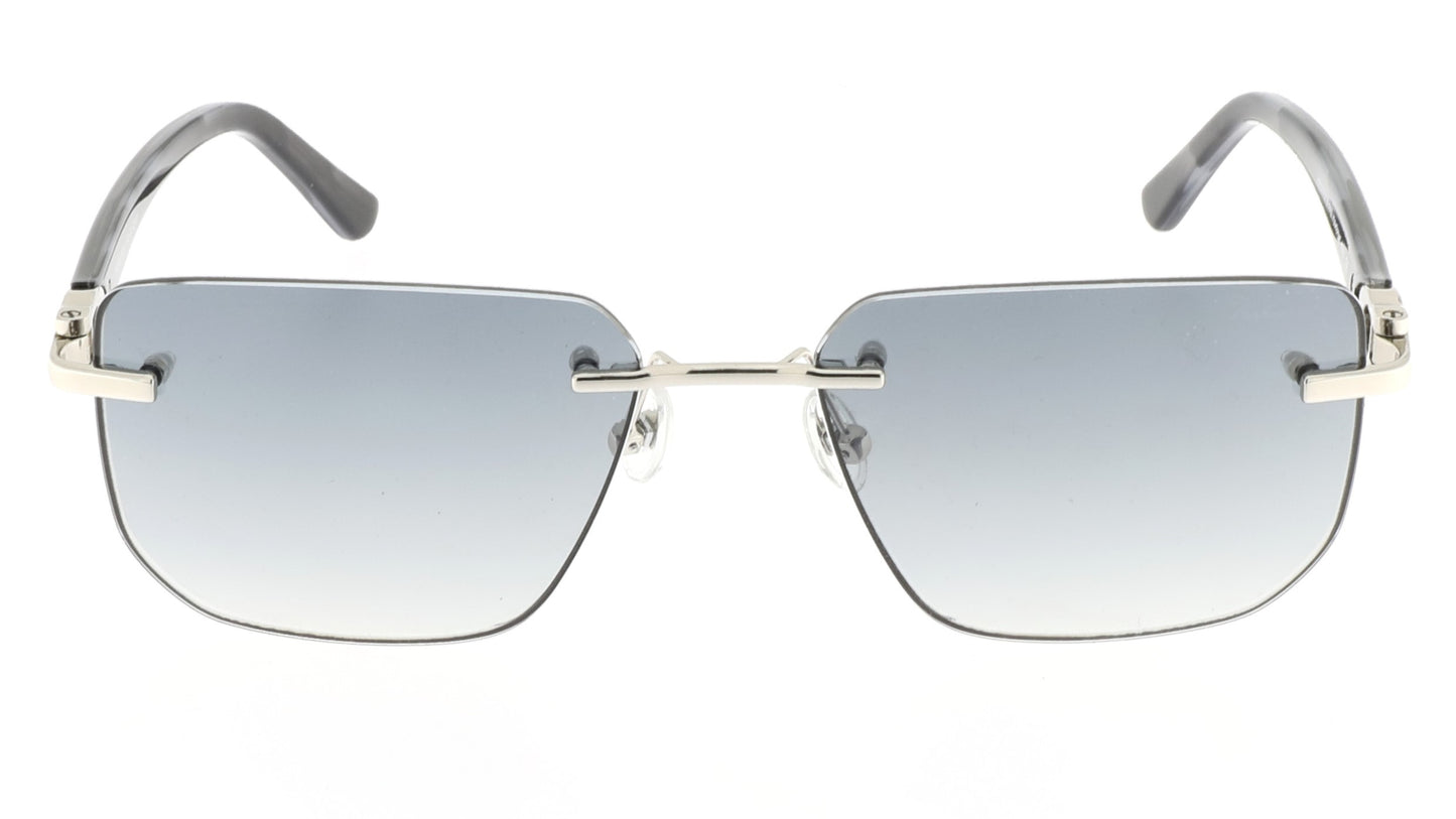 Paul Vosheront sunglasses featuring a 23K white-gold-plated rimless design with white gold hinges, wood-style black temples, and gray gradient lenses, from the front.